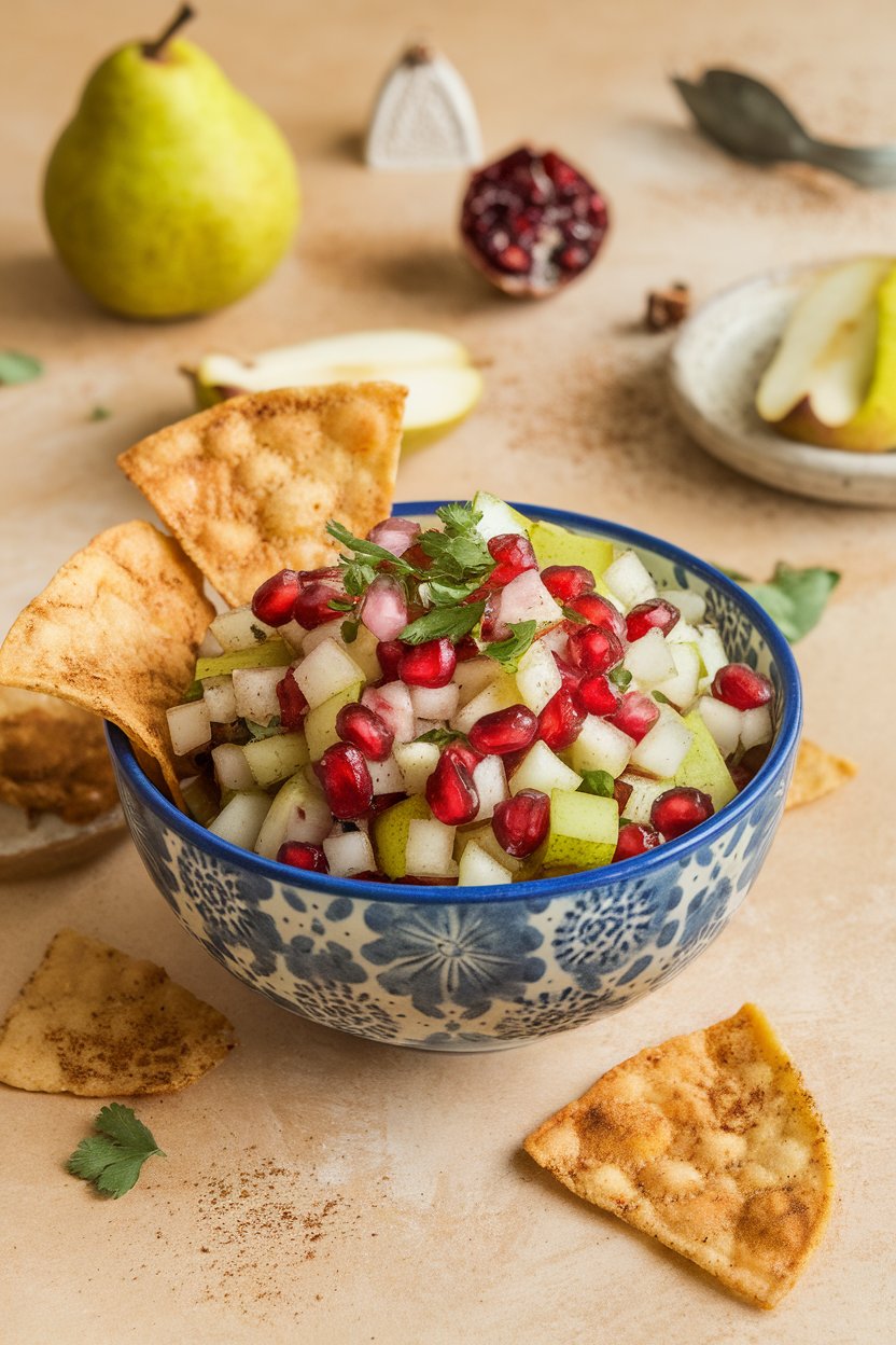 Photo of an indoor bowl of diced pear pomegranate salsa, cinnamon-dusted baked tortilla chips alongside, no text or logos.