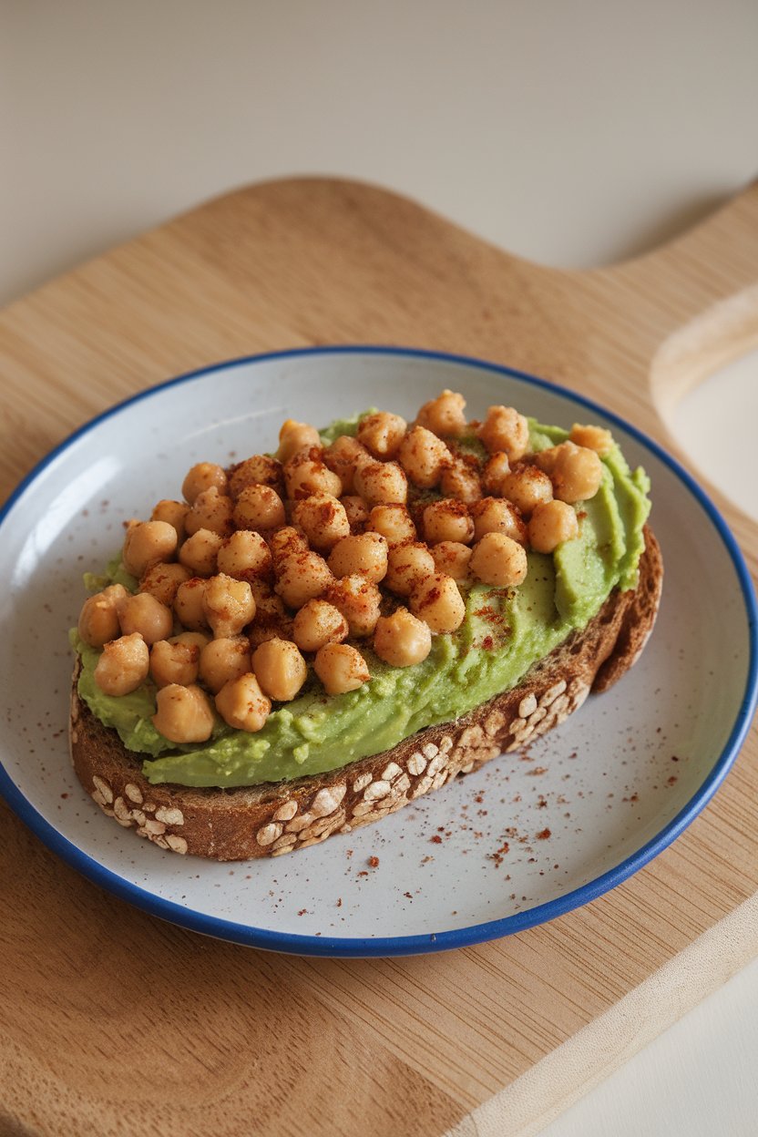 An indoor plate featuring whole-grain toast covered with smashed chickpeas and avocado, sprinkled with chili flakes. No text or logos visible. Photo only.