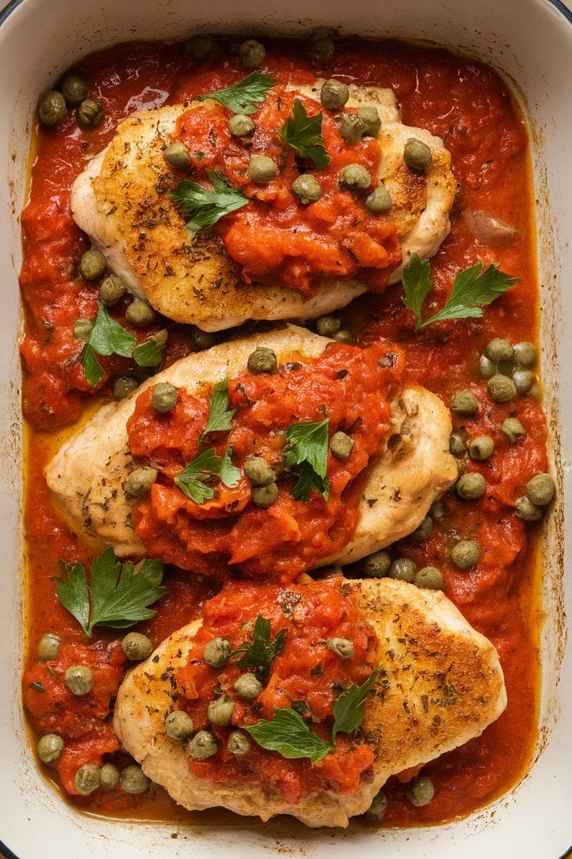 Indoor baking dish of chicken cutlets covered in tomato-caper sauce, garnished with parsley. No logos.