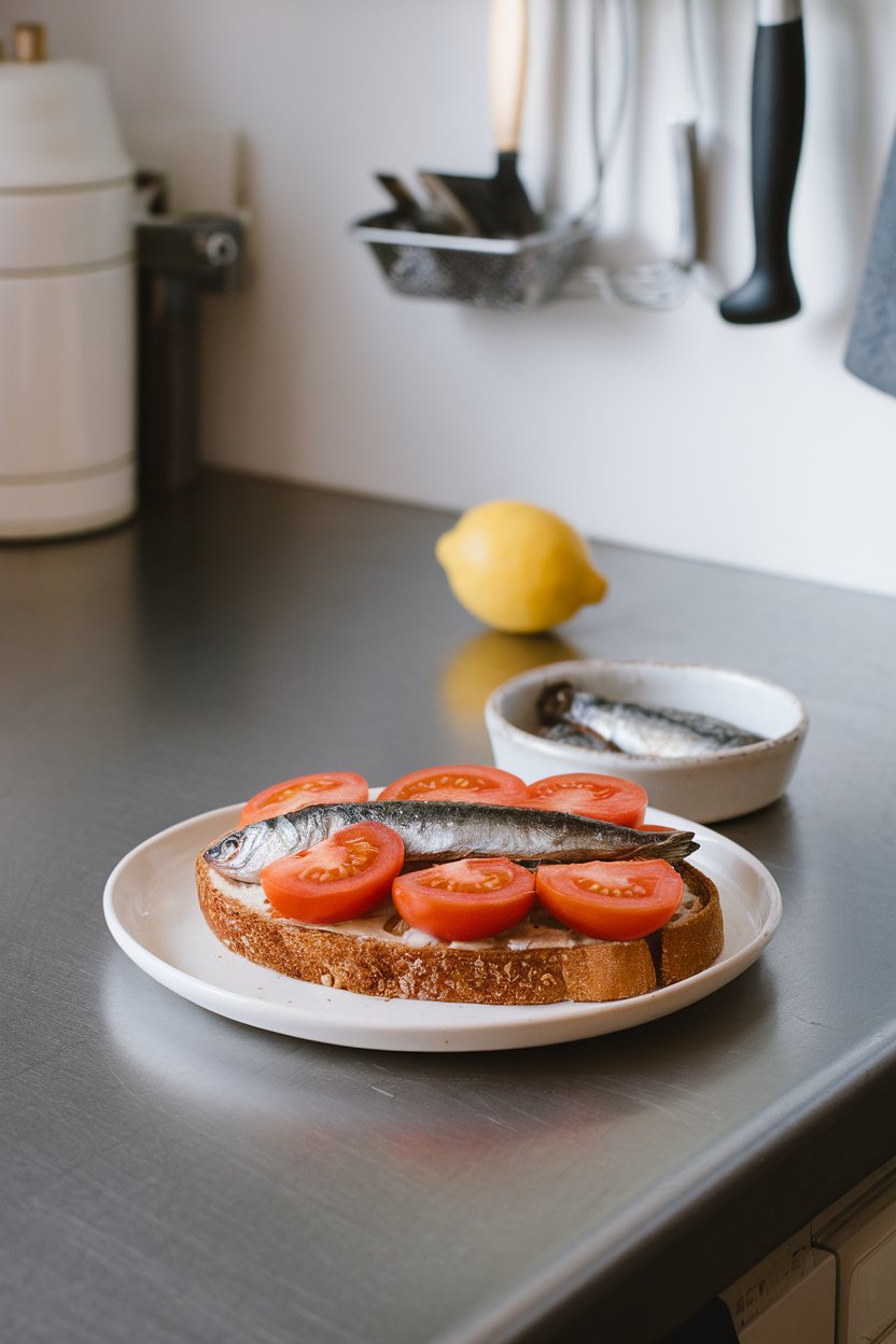 An indoor kitchen counter with an open-face rye toast topped with cooked sardines and sliced heirloom tomatoes; no visible logos.