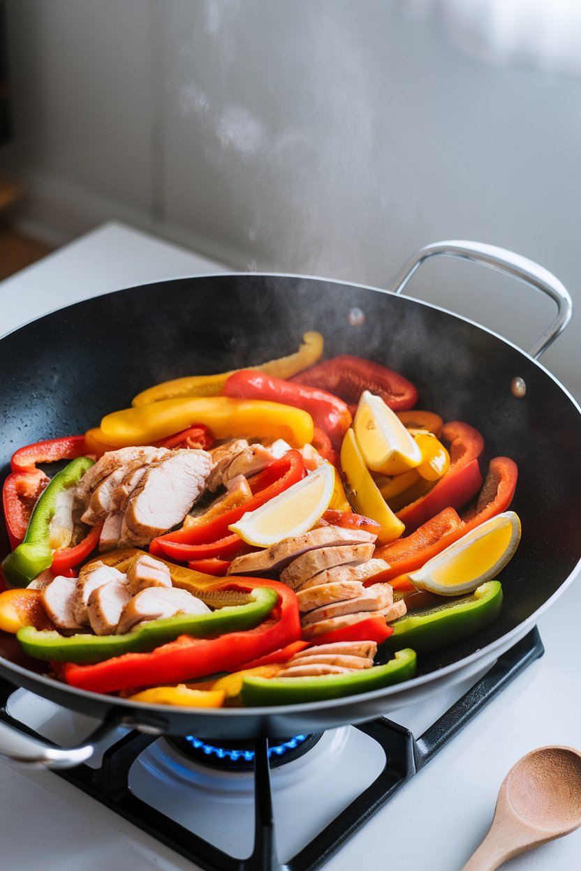 A stovetop wok indoors filled with colorful bell peppers, sliced chicken, and lemon wedges, steam rising gently. No branding or text visible. Photo.