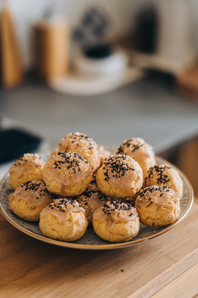An indoor plate with round, golden cookies topped with black and white sesame seeds, subtle sheen from baked honey glaze. No text or logos.