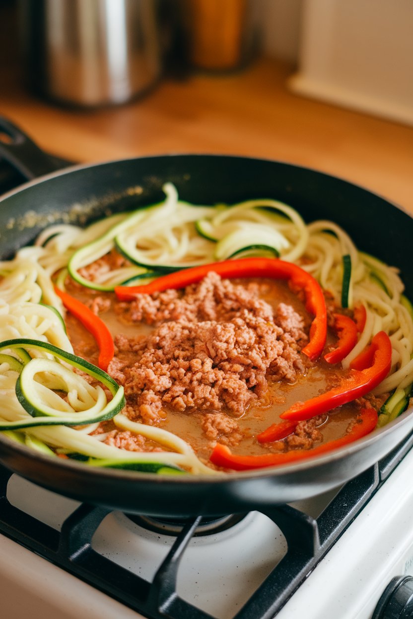 Indoor photo of a skillet holding zucchini noodles, ground turkey, and bell pepper strips in a light sauce; stovetop lighting, no text or logos