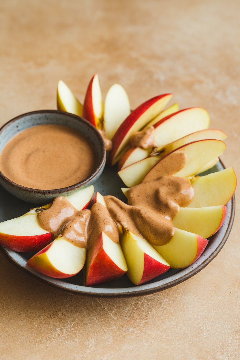 Indoor snack plate photo of crisp apple wedges dipped partly in cinnamon-spiced tahini sauce, neatly arranged on a small dish. No text or logos.