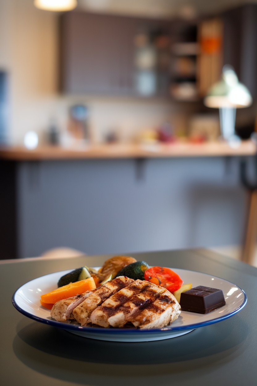 A dinner plate showing grilled chicken, roasted veggies, and a small square of dark chocolate off to the side, on an indoor table, no logos.