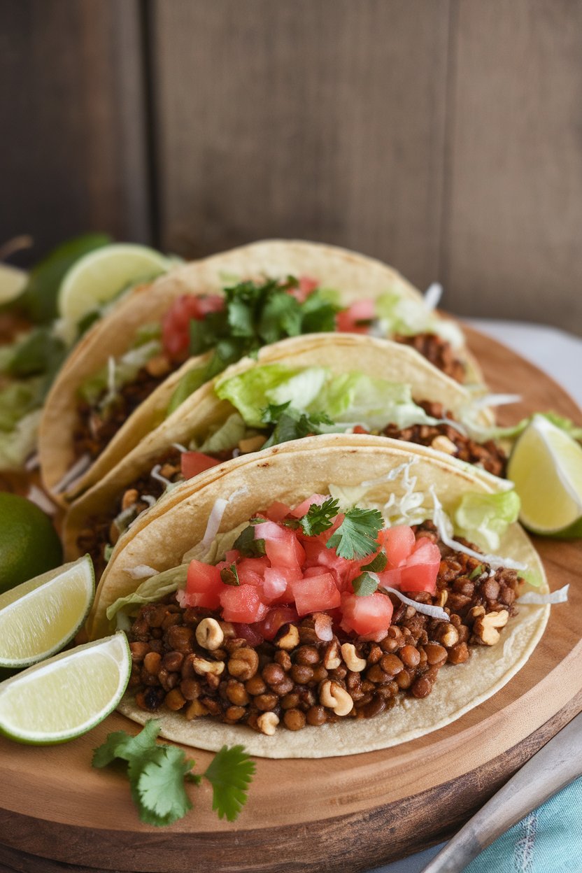 Photo prompt: Indoor taco platter with corn tortillas filled with browned lentil-walnut mixture, shredded lettuce, and pico de gallo. No text or logos visible.