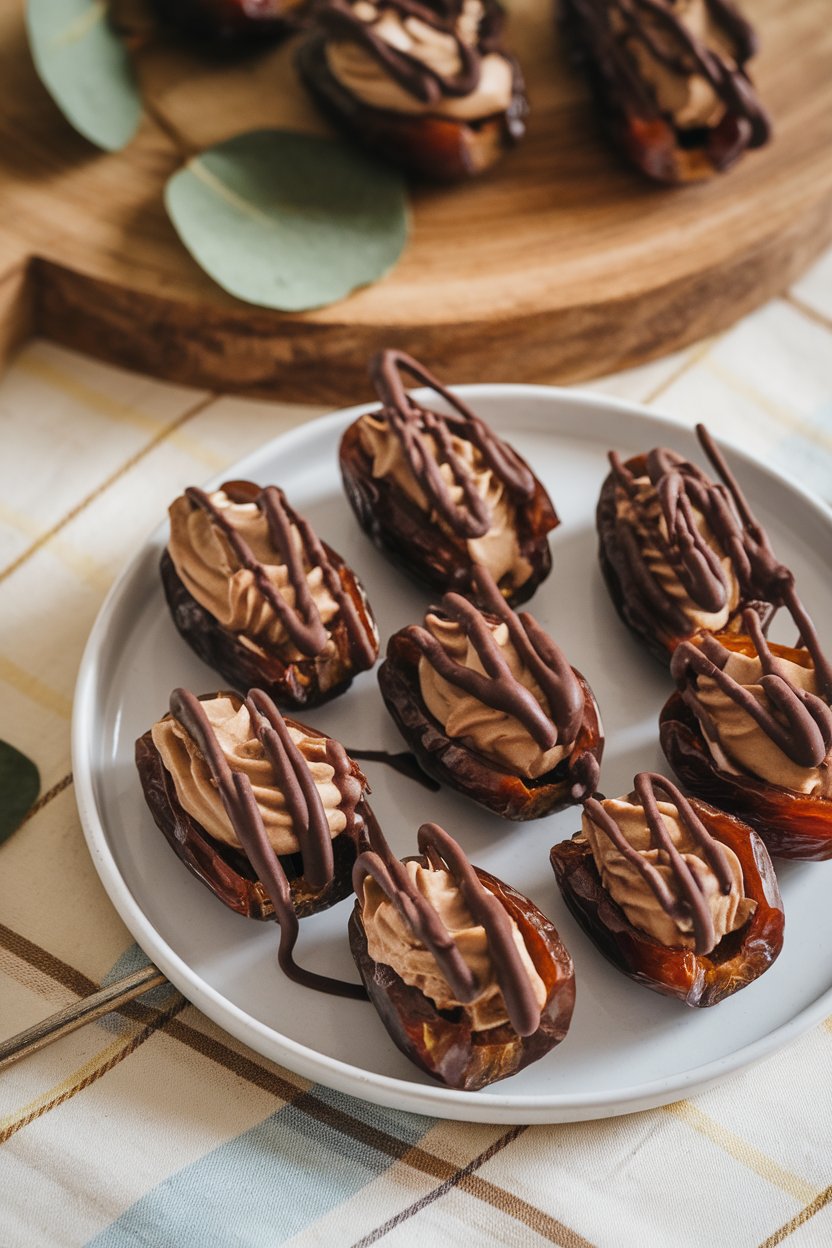 Indoor photo of dates filled with creamy tahini and drizzled with melted dark chocolate. No text or logos.