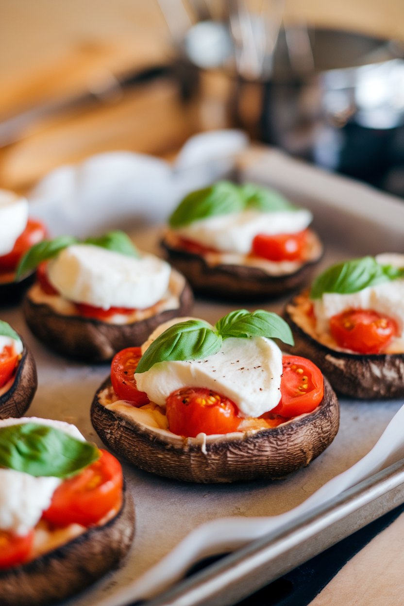 Indoor photo of baked portobello caps filled with melted mozzarella, cherry tomatoes, and fresh basil, resting on parchment-lined tray. No text or logos.