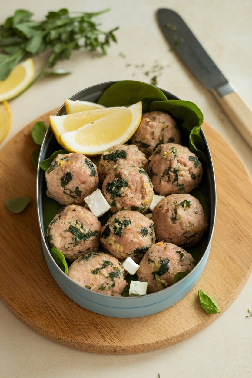 An indoor lunch container with small turkey meatballs flecked with spinach and feta, alongside lemon wedges. No text or logos anywhere. Photo only.
