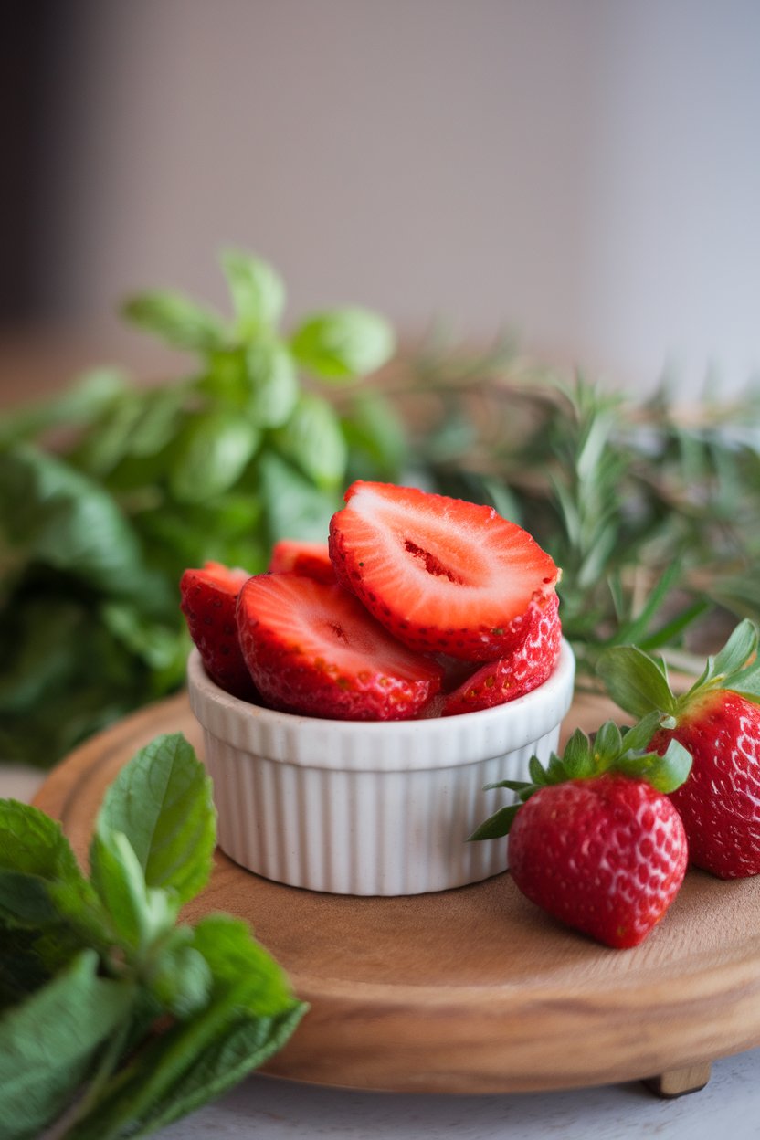 Indoor photo of a small ramekin filled with lightly smashed strawberries, seeds visible, no text or logos