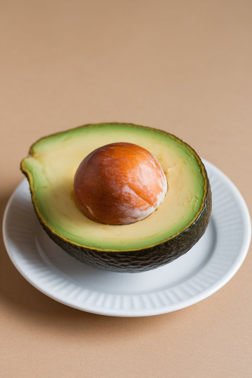 Photo of a halved ripe avocado on a small white plate indoors, pit intact, creamy green flesh visible, no text or logos