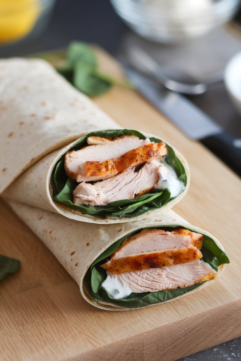 A close-up indoor photo of a sliced whole-wheat tortilla wrap filled with grilled chicken strips, baby spinach, and light yogurt sauce, displayed on a cutting board. No logos present.