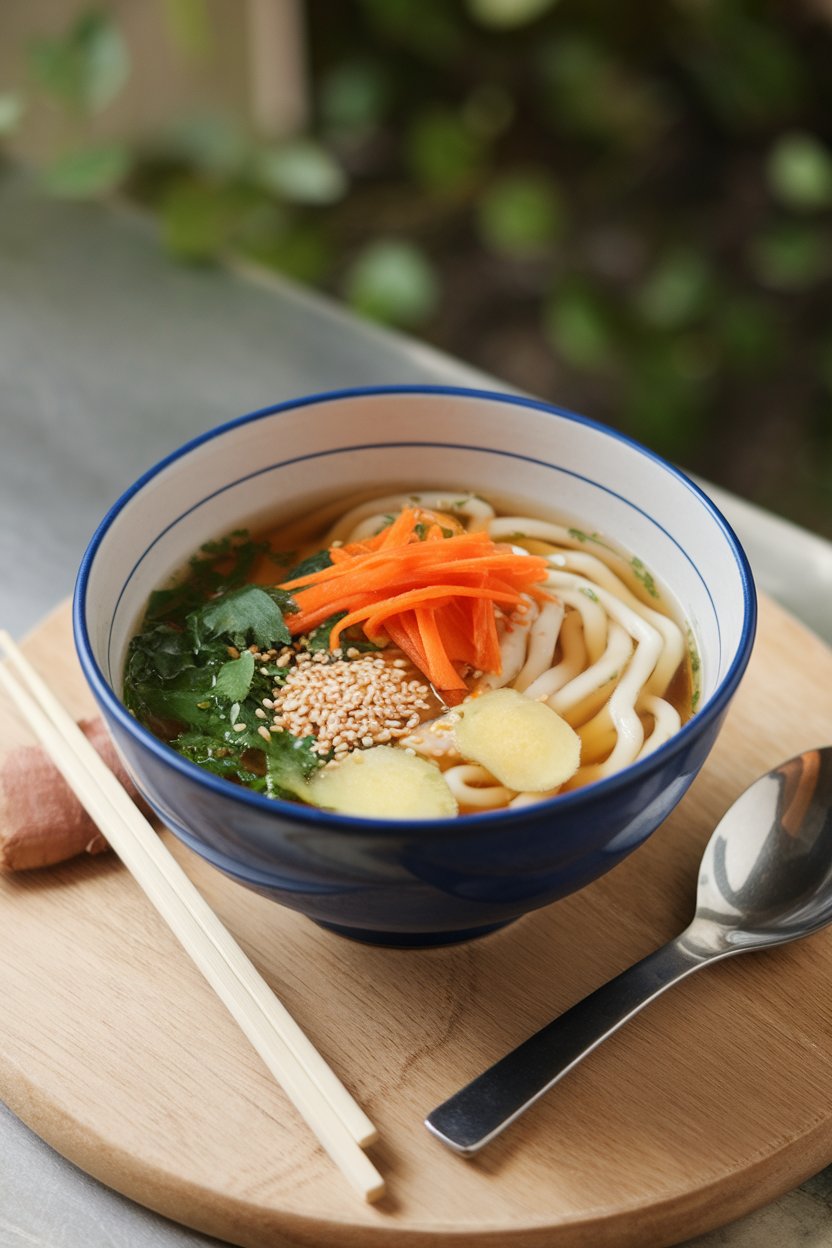Indoor photo of broth soup with thick udon noodles, julienned carrots, sesame seeds, and ginger slices; no text or logos