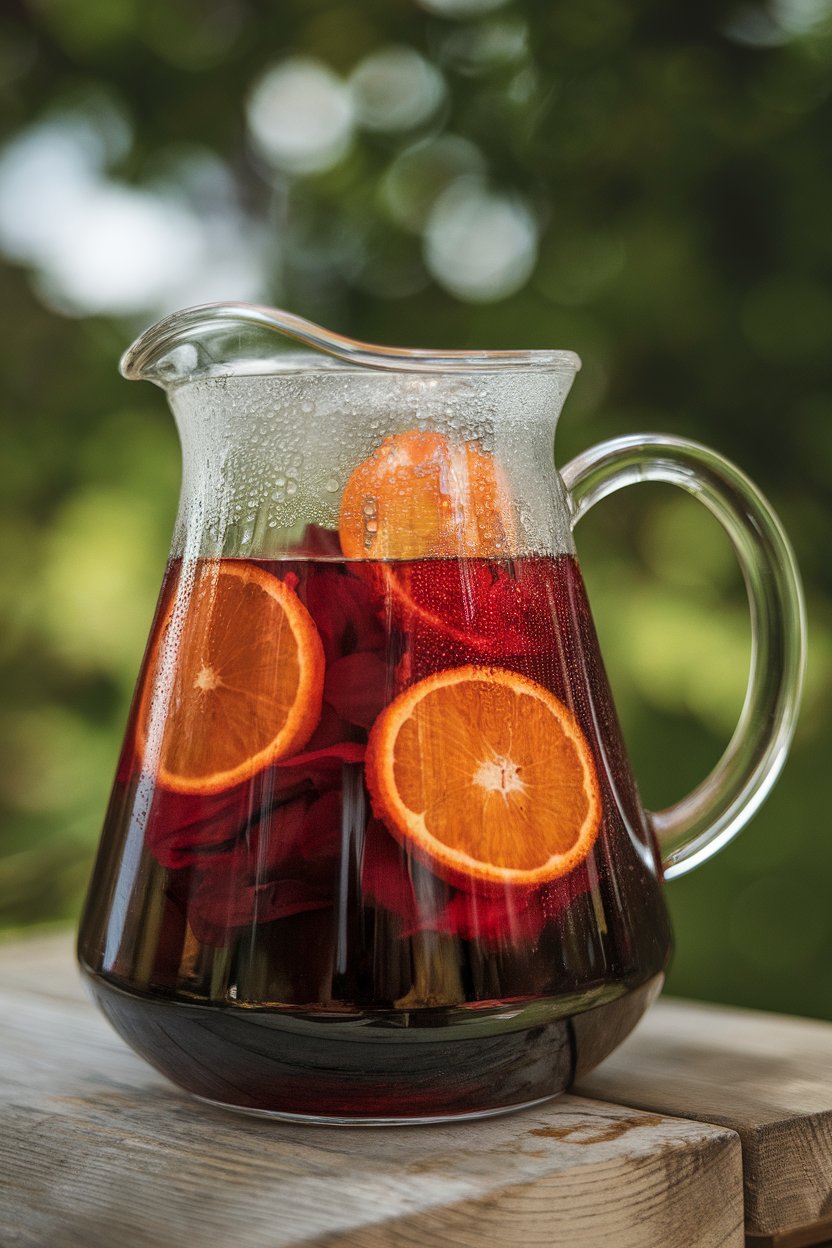 Indoor glass pitcher photo of deep red hibiscus tea over ice with orange slices floating, condensation visible. No text or logos.