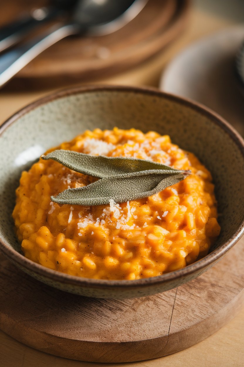 A warmly lit indoor scene of creamy pumpkin risotto in a shallow bowl, crispy sage leaves on top. Photo only, no text or logos.