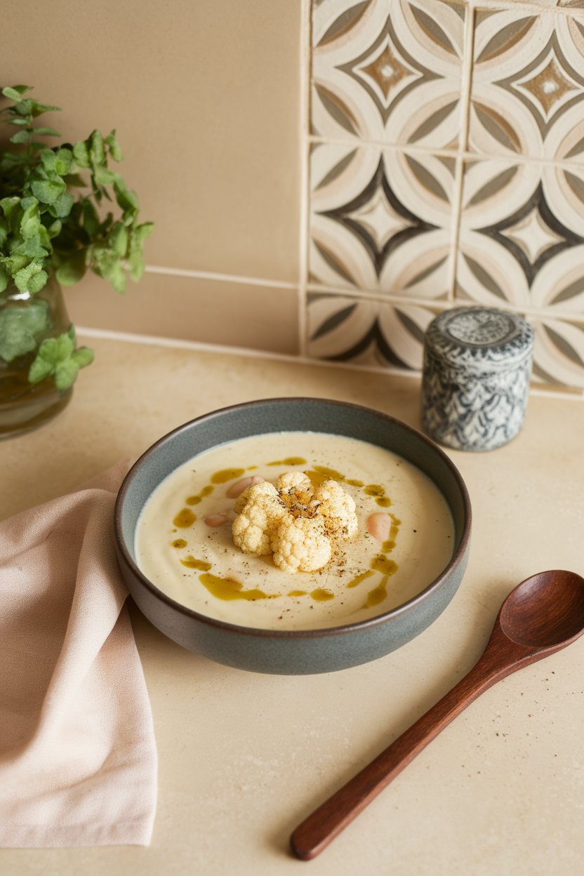 Indoor contemporary kitchen counter with a bowl of cauliflower and white bean soup, olive oil drizzle, cracked pepper. No text or logos. Photo.