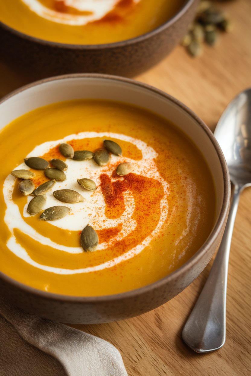 Indoor bowl of golden cauliflower soup topped with a sprinkle of pumpkin seeds and paprika, spoon beside the bowl. No text or logos visible.