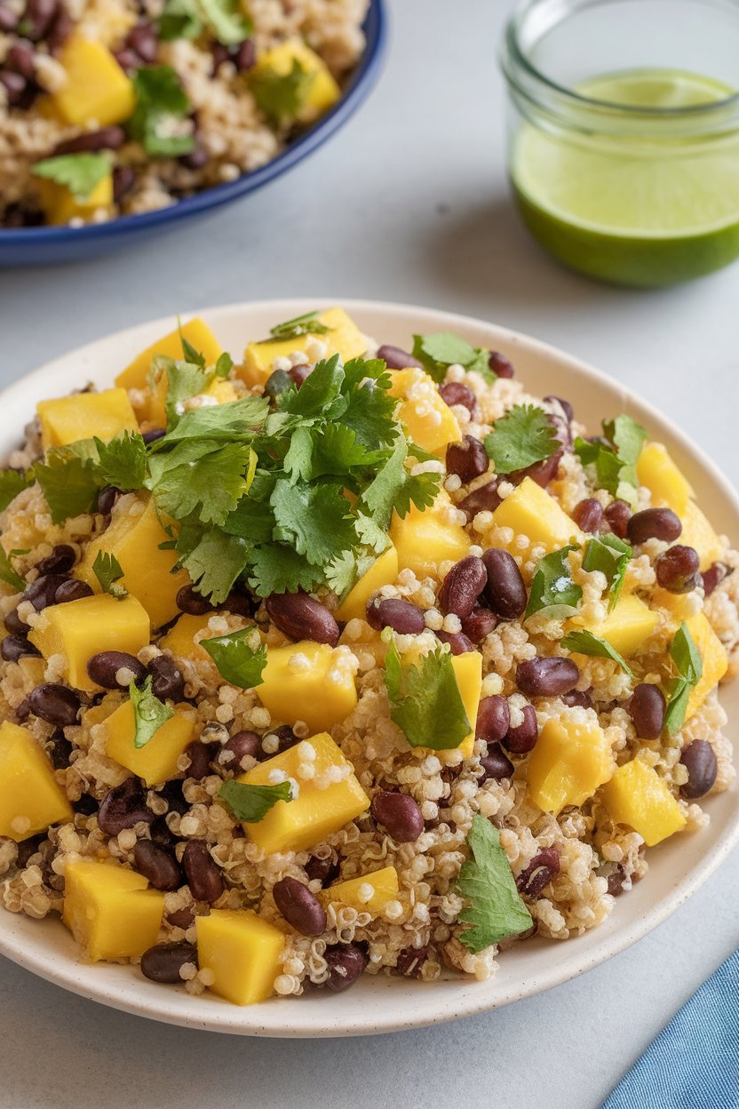 An indoor salad plate loaded with fluffy quinoa, black beans, diced mango, and cilantro, drizzled with lime dressing; photo only, no text or logos.