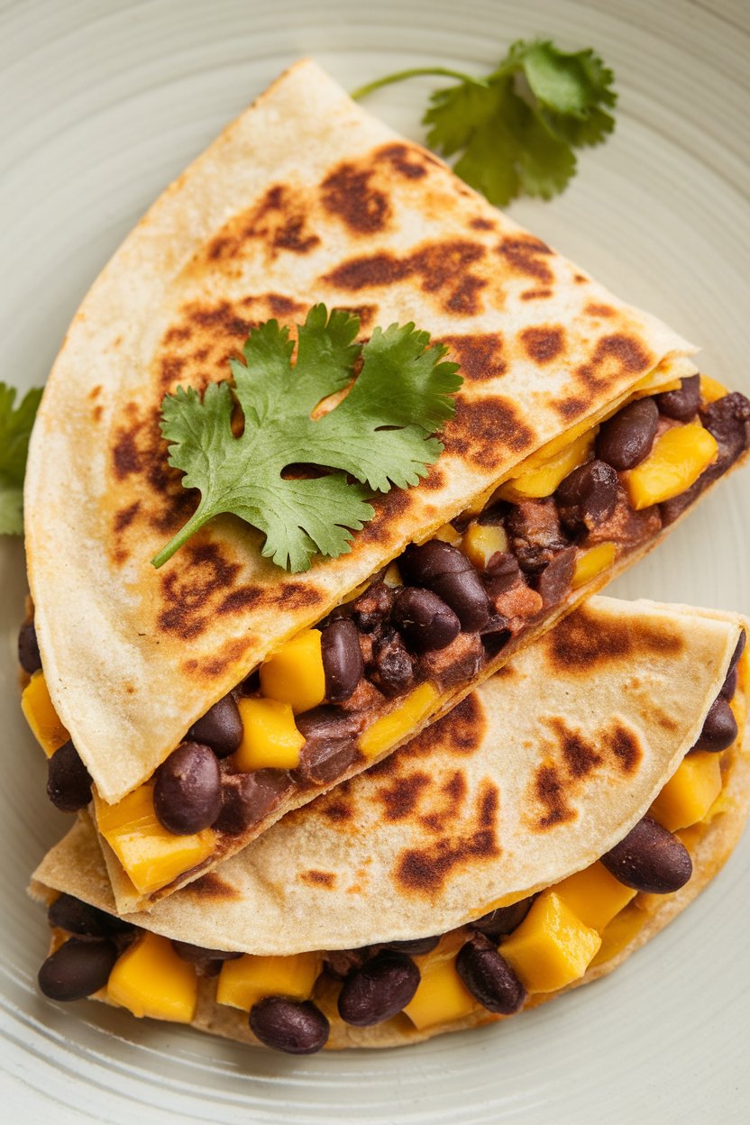 Indoor plate, black bean and mango quesadilla with cilantro garnish, photo, no text or logos.