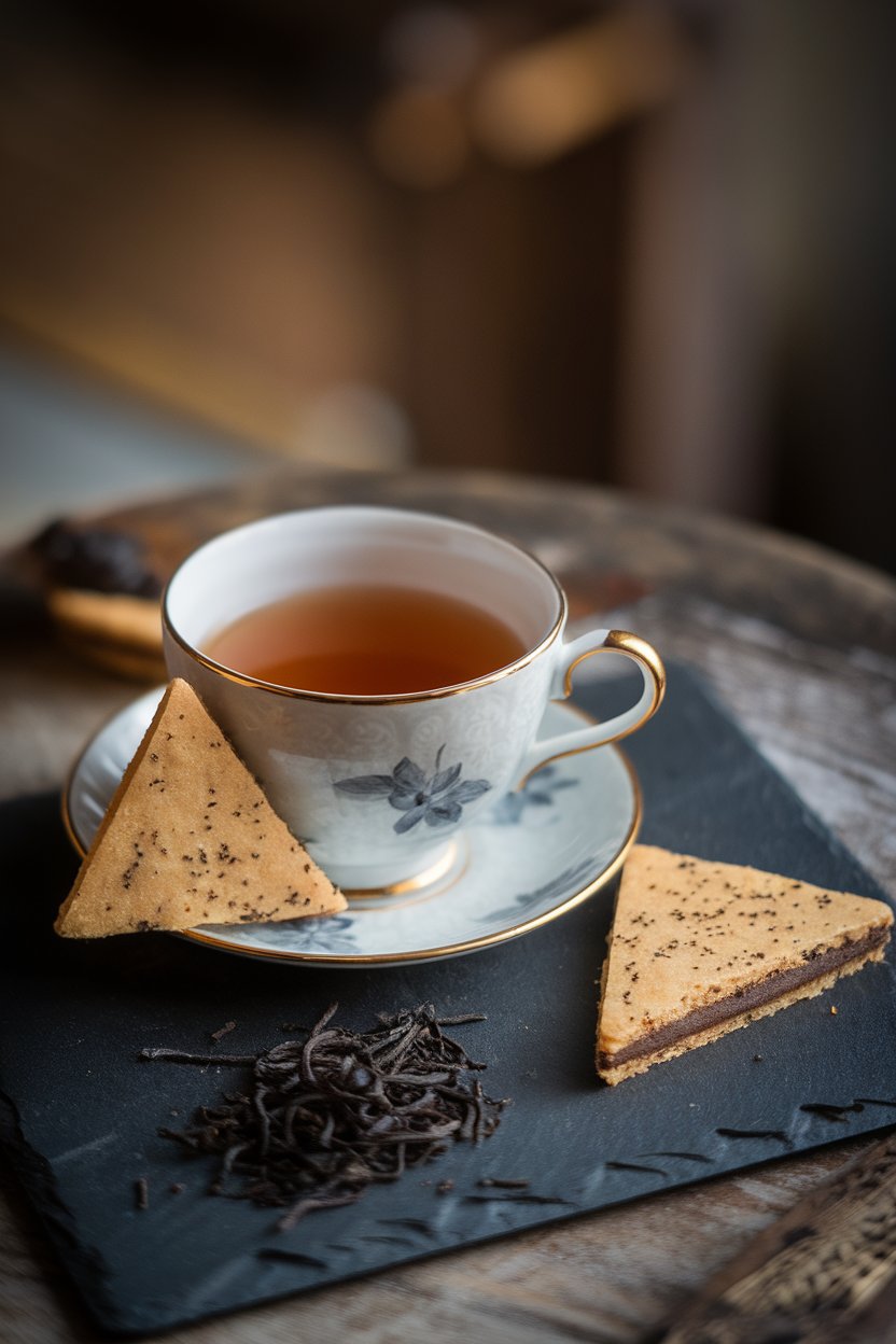 An indoor teacup beside triangular chai-spiced shortbread cookies flecked with black tea specks, sitting on a slate board. No text or logos.