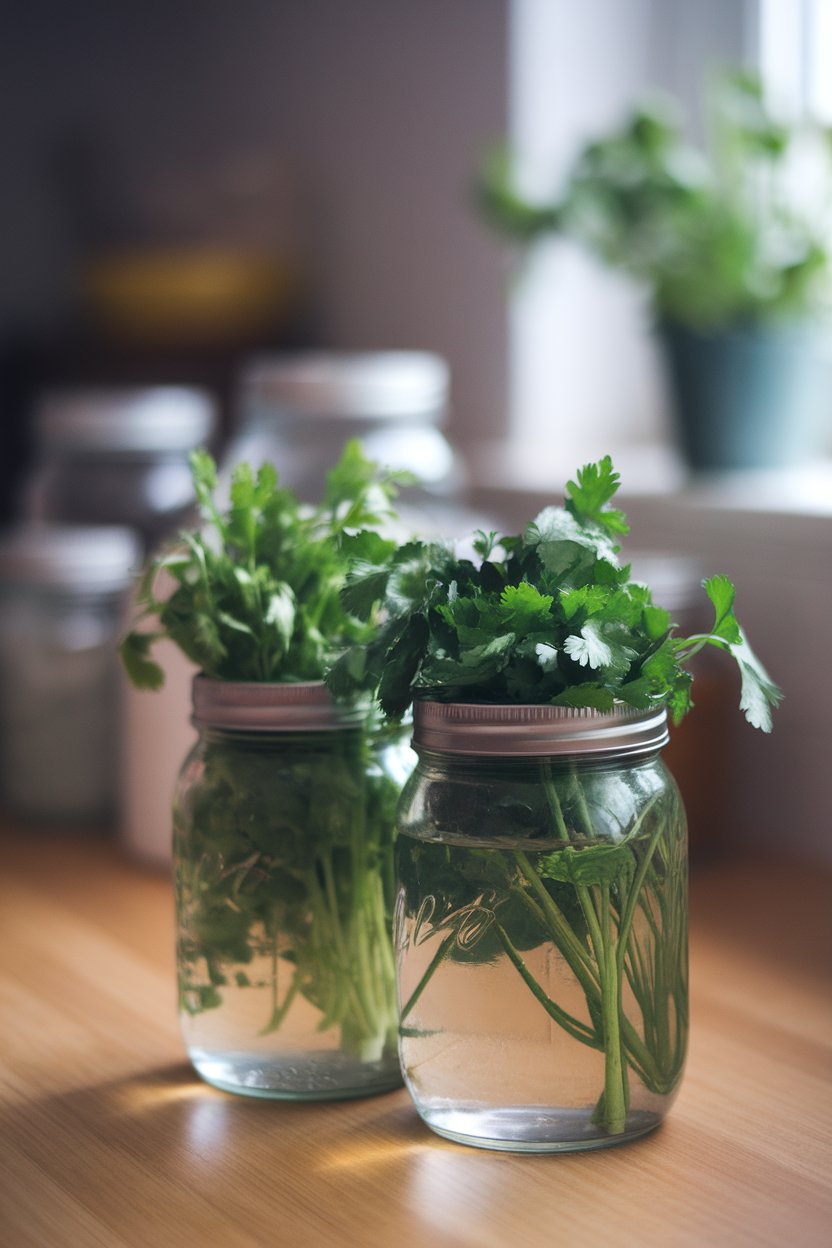 Indoor countertop photo of cilantro and parsley bunches standing upright in mason jars filled with water, no logos or text.