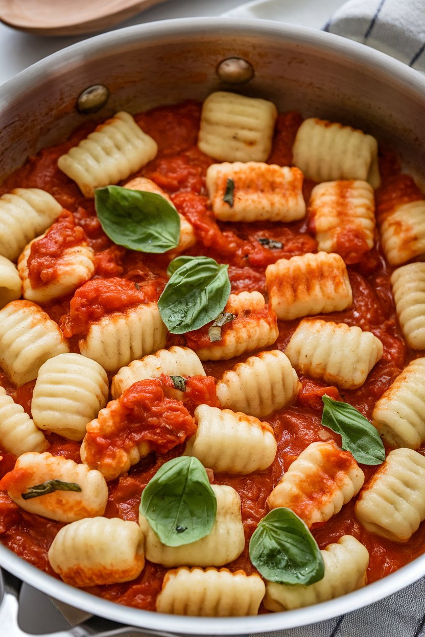 An indoor sauté pan filled with pillowy gnocchi simmered in tomato sauce, fresh basil scattered on top. Photo only, no text or logos.