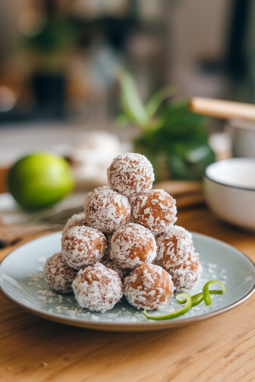 An indoor dessert plate stacked with small coconut-coated energy balls, lime zest sprinkled nearby; photo, no text or logos.