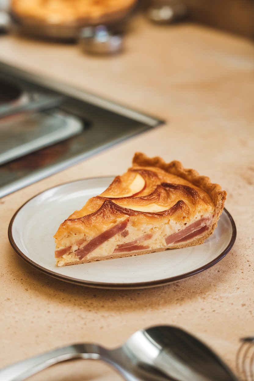 Indoor counter scene with a wedge of ham-apple-cheddar quiche, apple slices visible within, no text or logos.