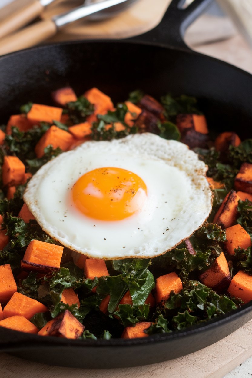 Indoor photo of a skillet hash of diced sweet potato and kale topped with a sunny-side-up egg, no text or logos.
