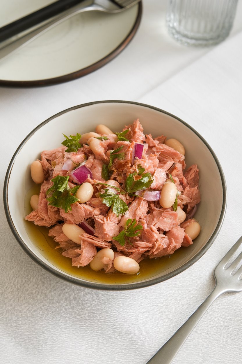 An indoor lunch table showing a bowl of flaked tuna mixed with cannellini beans, parsley, and red onion, olive oil glistening lightly. No logos or text. Photo.