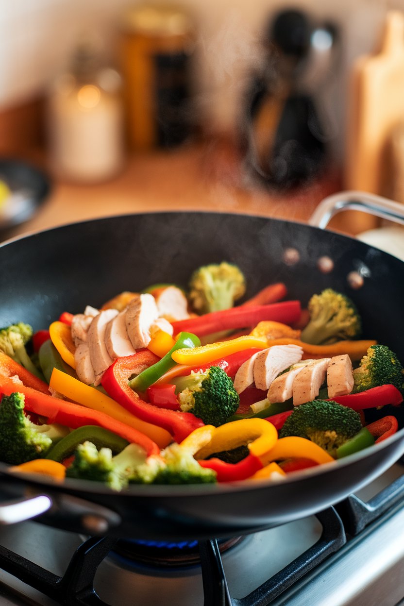 Photo of a wok filled with colorful bell peppers, broccoli florets, and sliced chicken, steam rising, indoors under stovetop lighting. No branding visible.