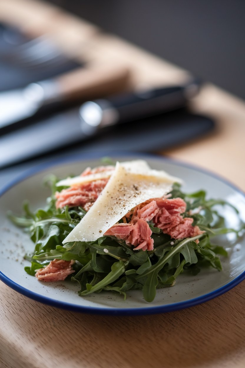 Plate of arugula, tuna flakes, shaved Parmesan, and cracked pepper, indoor tabletop, no text or logos.
