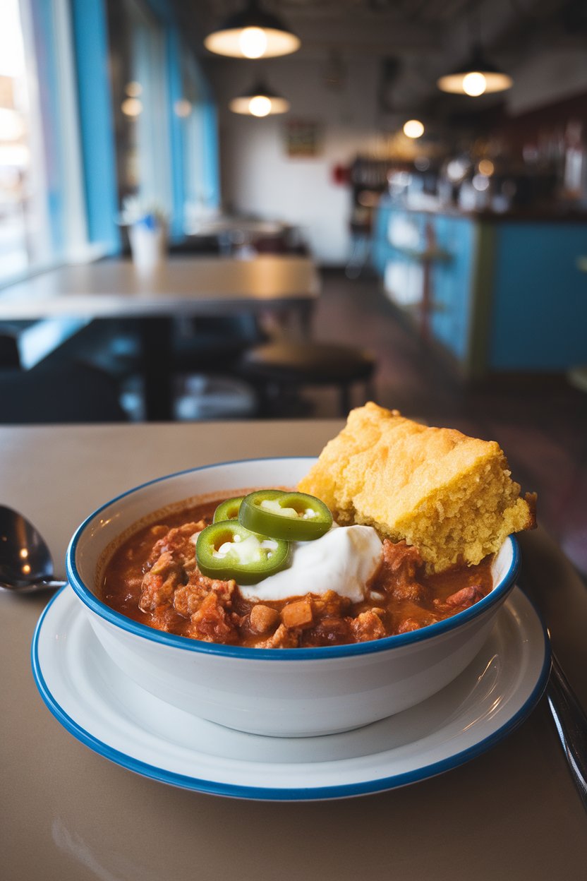 Indoor photo of a bowl of chunky turkey chili topped with sliced jalapeños and a spoonful of yogurt, no text or logos.