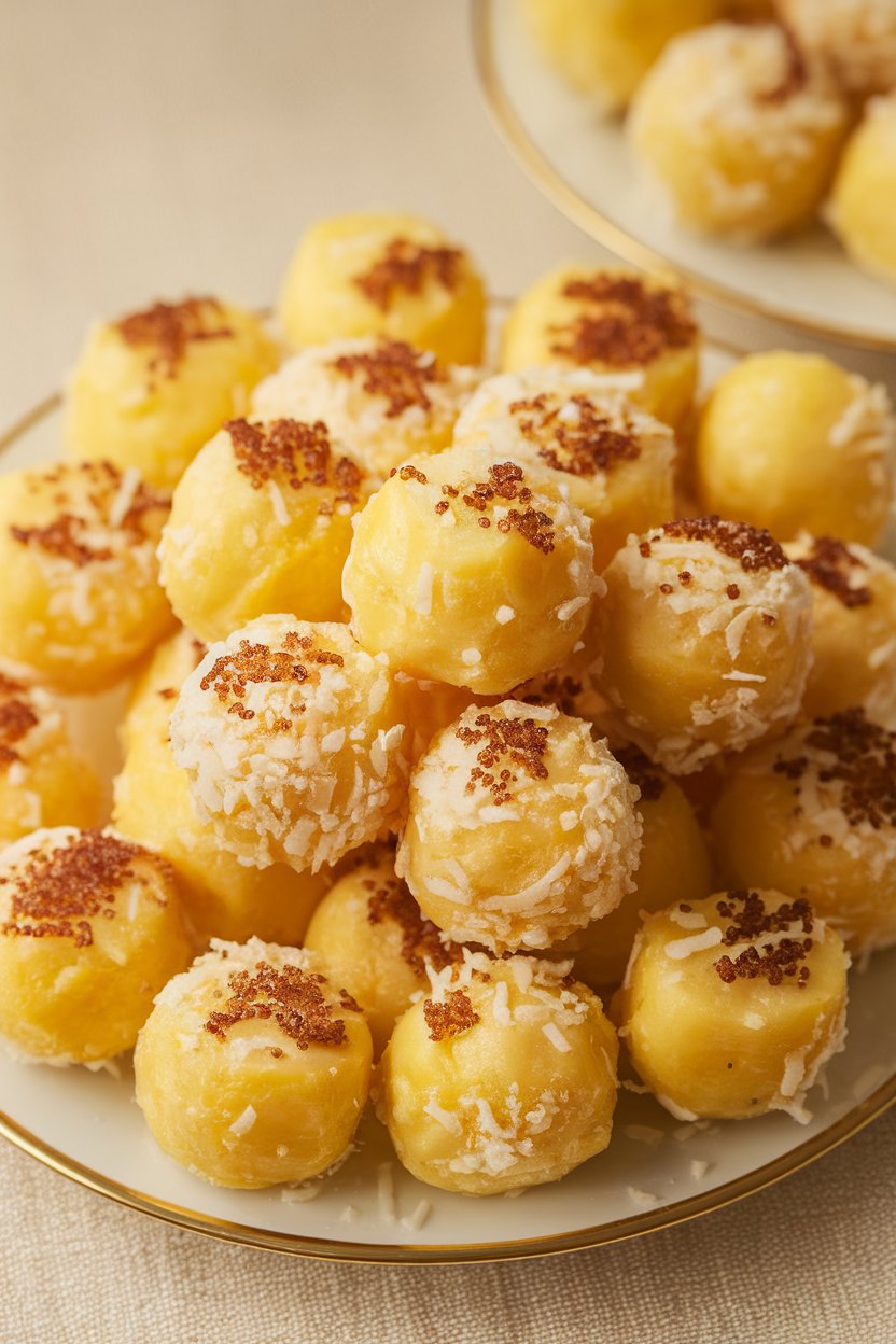 An indoor plate piled with small yellow pineapple coconut bites, photo, no logos.