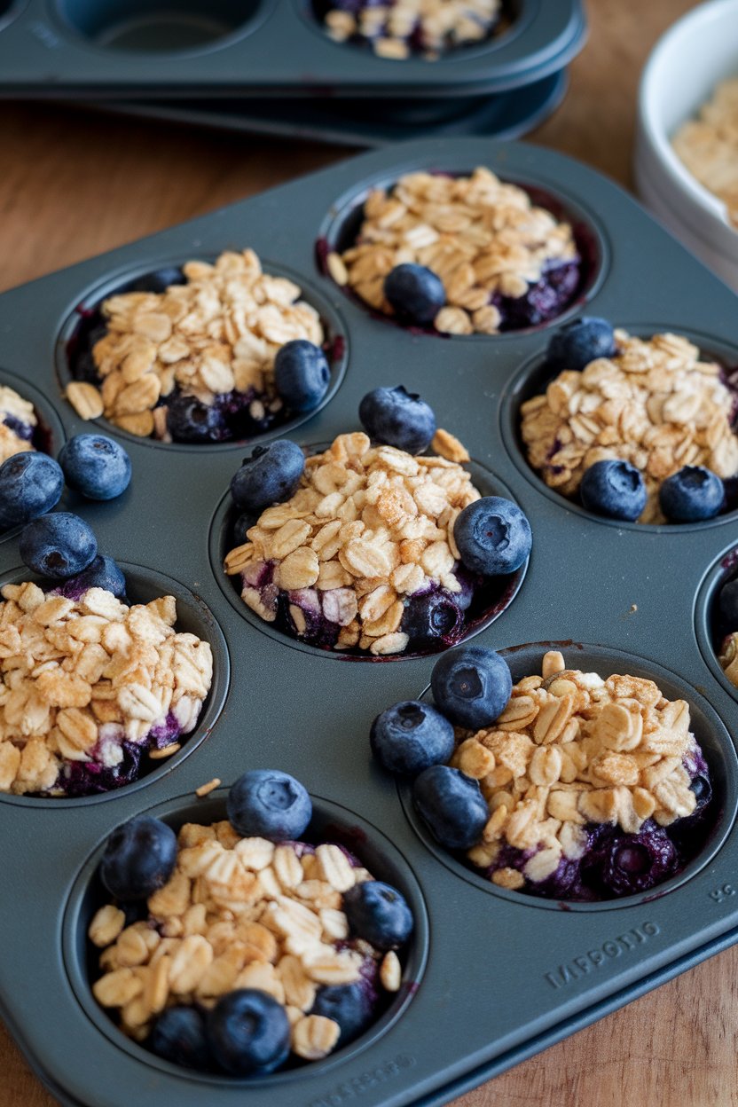 An indoor muffin tin holding individual crumble cups overflowing with baked blueberries and golden oat topping. No logos or text.