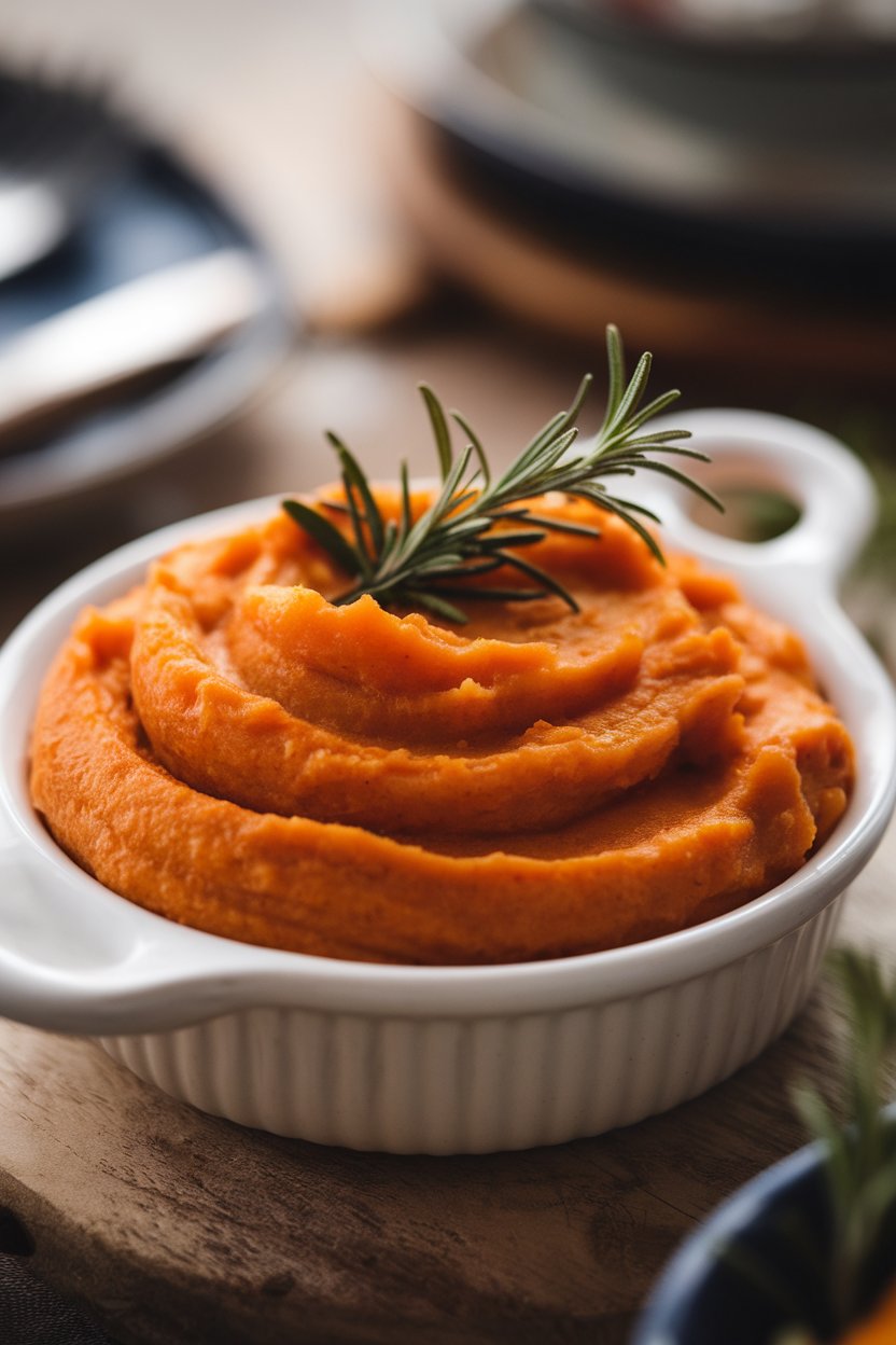 Indoor food photo of creamy mashed sweet potatoes in a white serving dish, rosemary sprig on top; no text or logos.