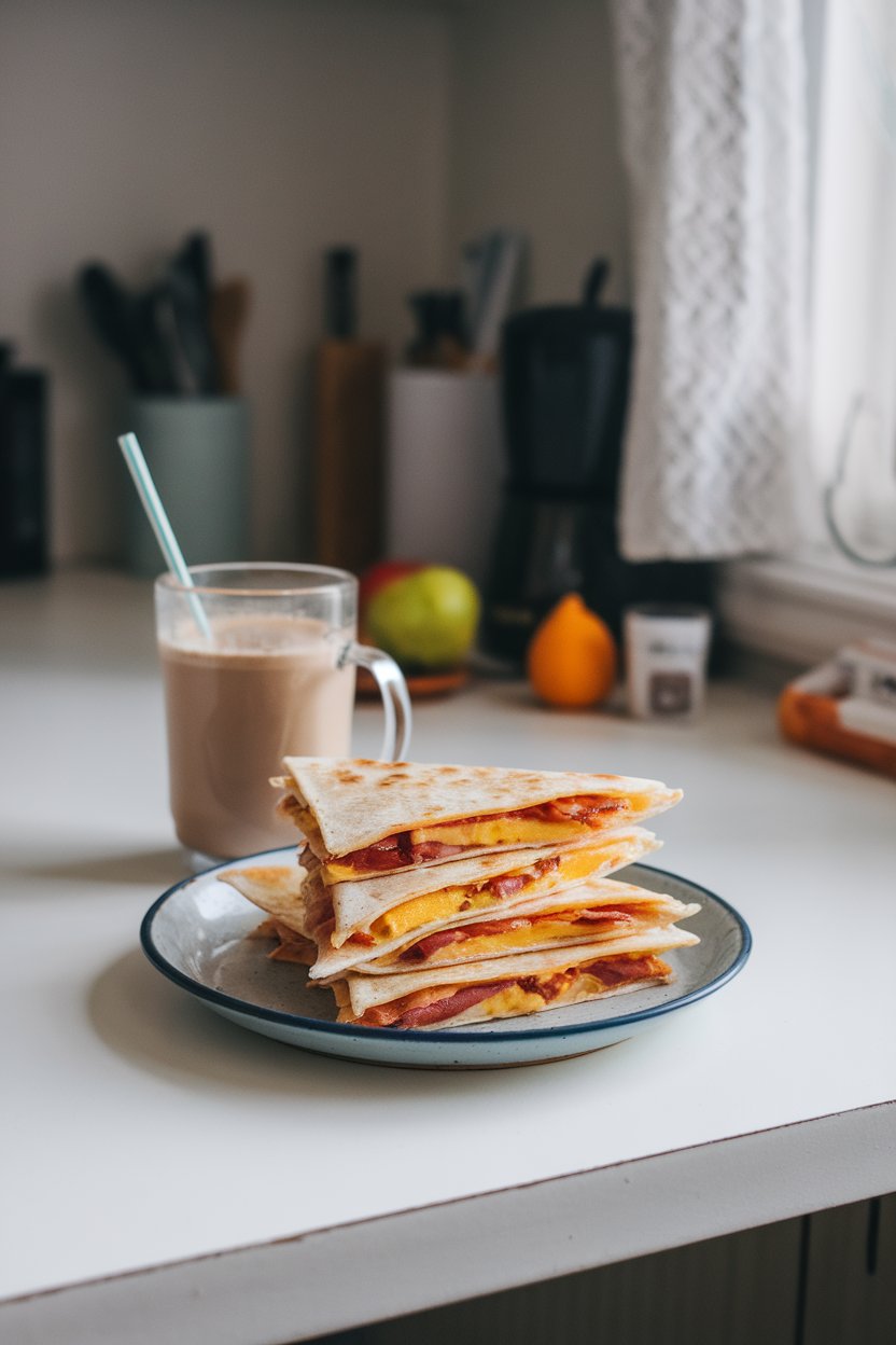 Indoor morning kitchen scene, egg and turkey bacon quesadilla triangles stacked, photo, no text or logos.