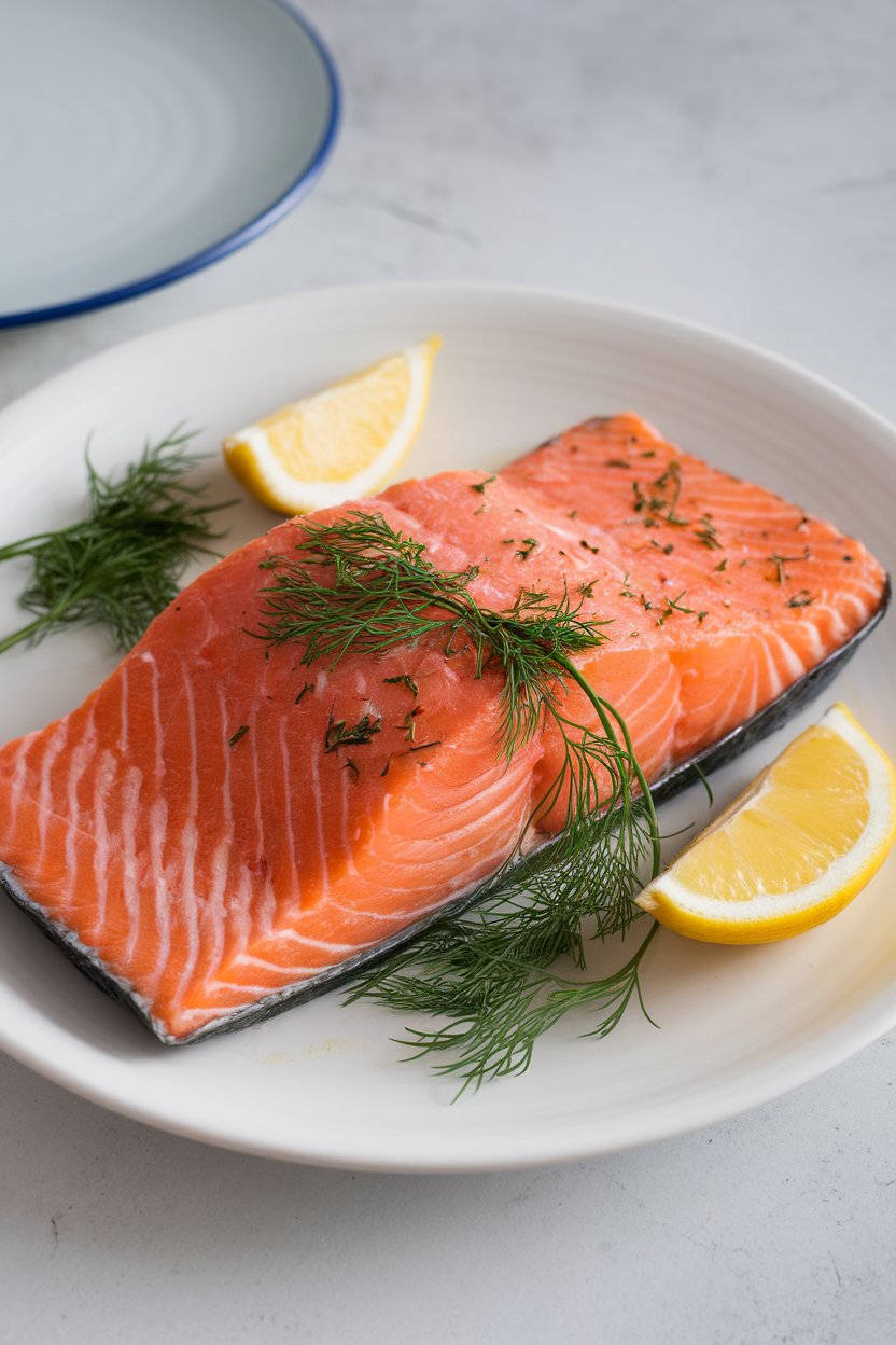 Photo of a cooked salmon fillet on a white dinner plate indoors, flaky pink flesh, garnished with dill and lemon, no text or logos