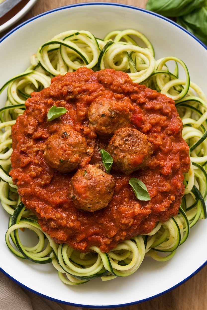 Indoor pasta bowl of zucchini noodles coated in rich turkey bolognese sauce, garnished with basil. No text or logos; photo.