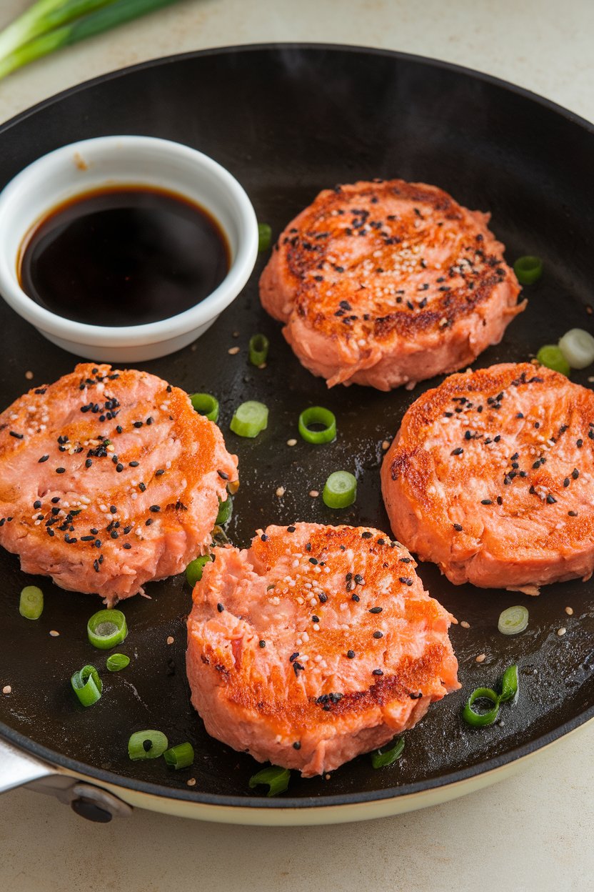 A skillet indoors with golden salmon patties speckled with scallions and sesame seeds, served with a small bowl of soy-ginger dipping sauce; no text or logos; photo.