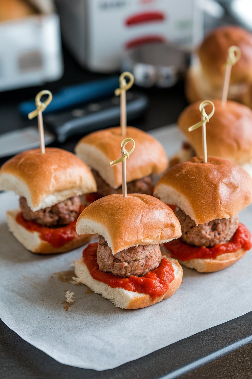 An indoor countertop scene showing small whole-grain slider buns each filled with a turkey meatball and a dab of marinara, skewered with short picks. No logos. Photo.