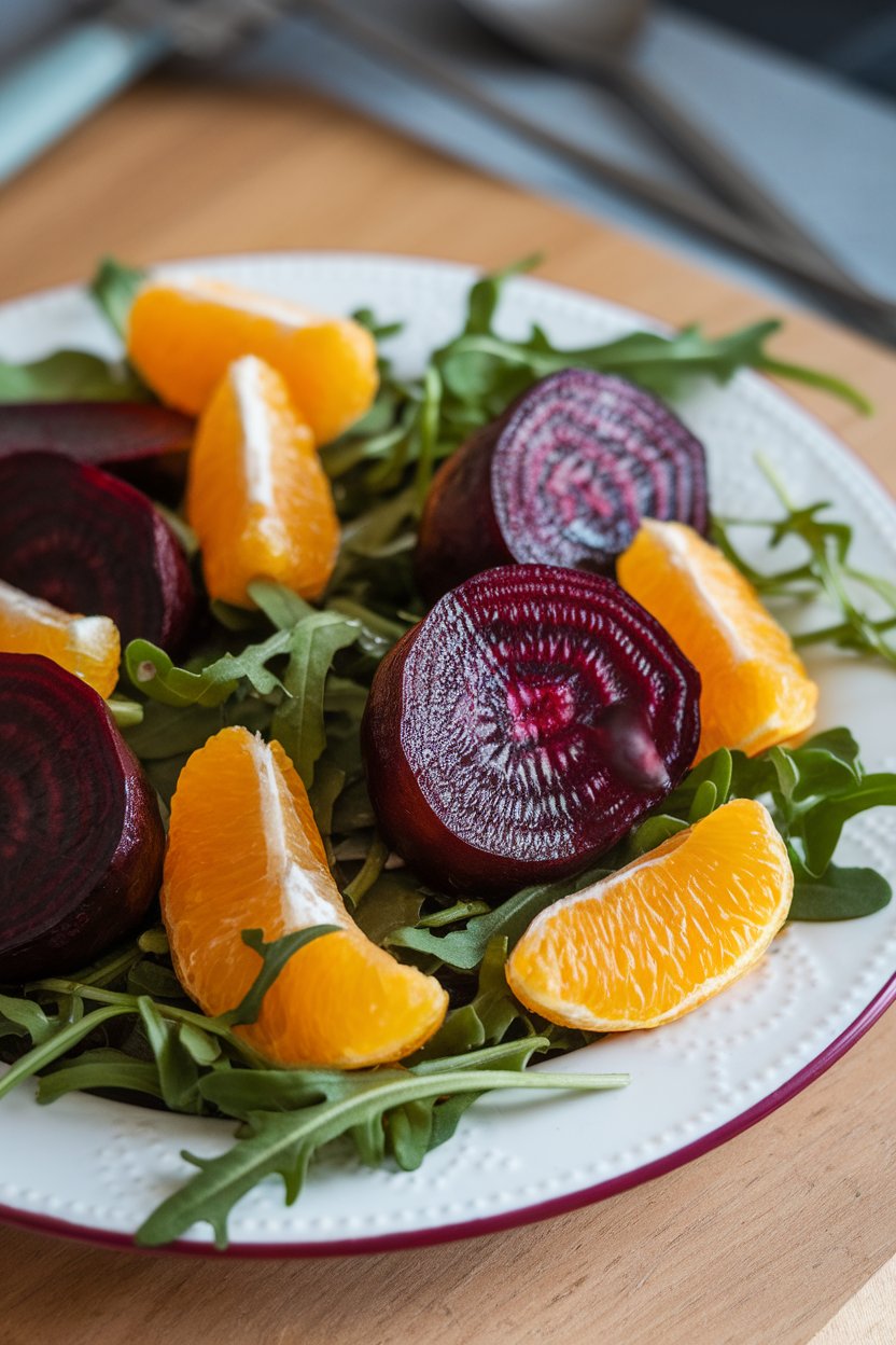 An indoor table setting showing sliced roasted beets, orange segments, and arugula leaves on a white plate, drizzled with vinaigrette. No text or logos present. Photo only.