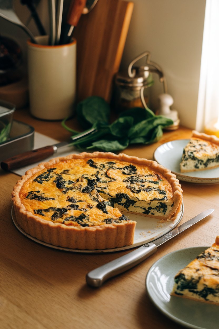 A warmly lit indoor kitchen counter with a round dish of sliced spinach-and-feta quiche, steam gently rising, spinach leaves peeking through golden egg custard—no text or logos.