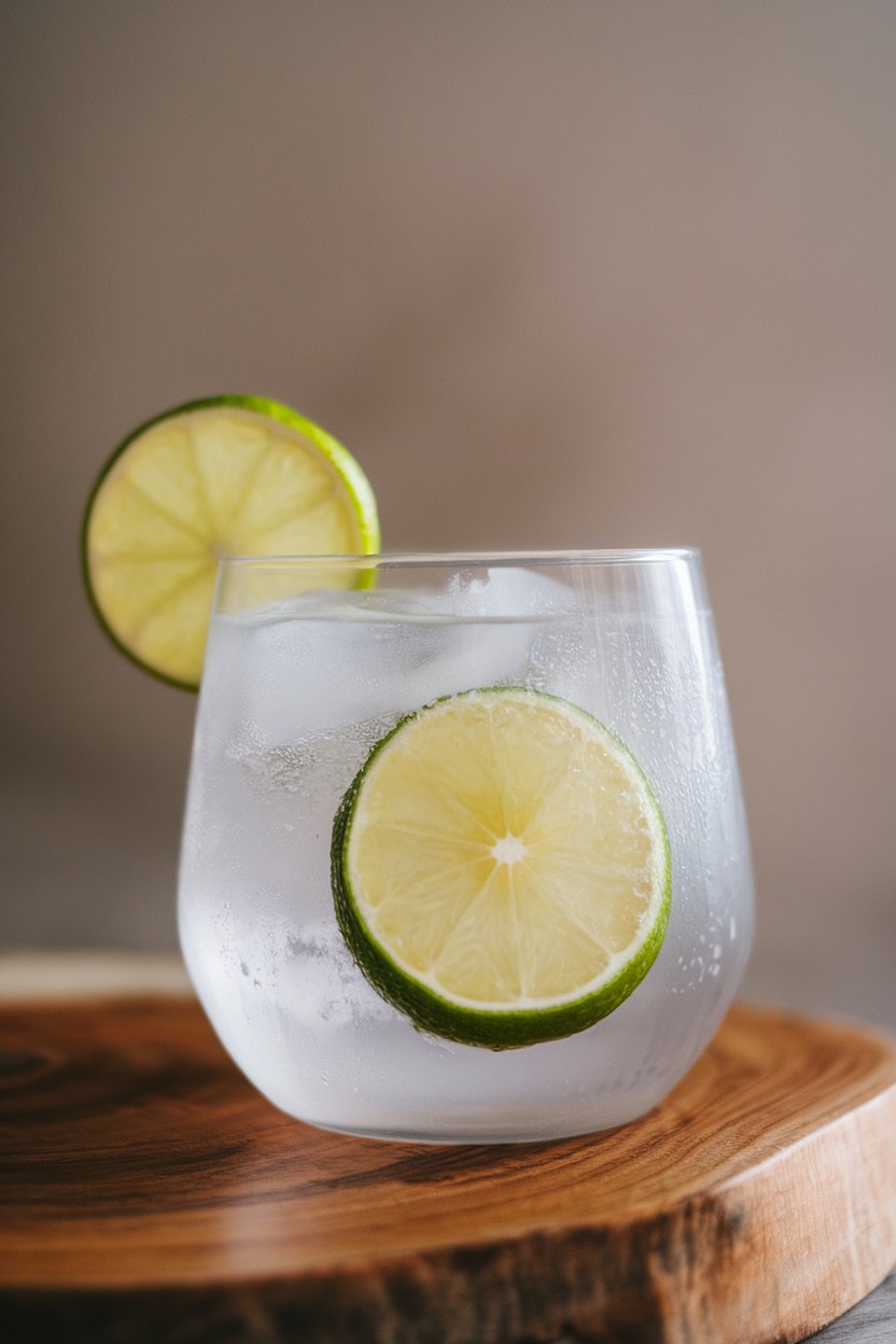 A photo of a short tumbler indoors, filled with chilled coconut water and a squeeze of lime, lime wedge perched on rim; neutral backdrop, no text or logos.