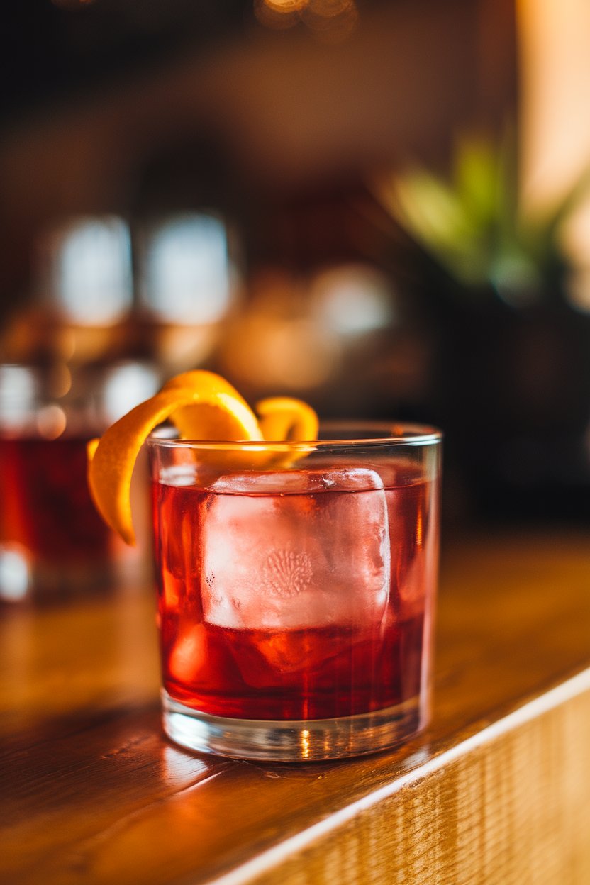 An indoor cocktail lounge vibe with a rocks glass of ruby Negroni Sbagliato on clear ice, garnished with an orange peel. No text or logos.