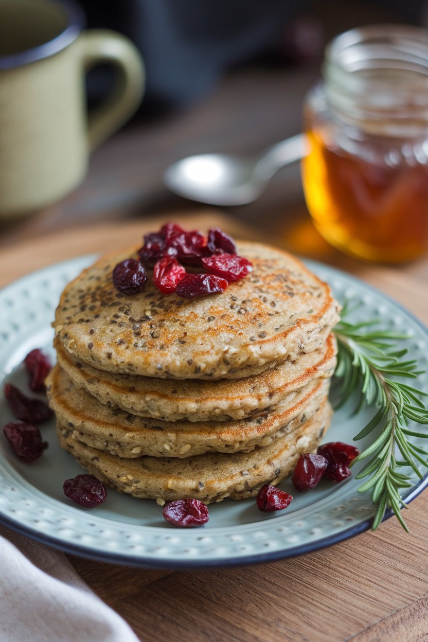 Indoor shot of hemp-seed pancakes dotted with dried cranberries, no logos.