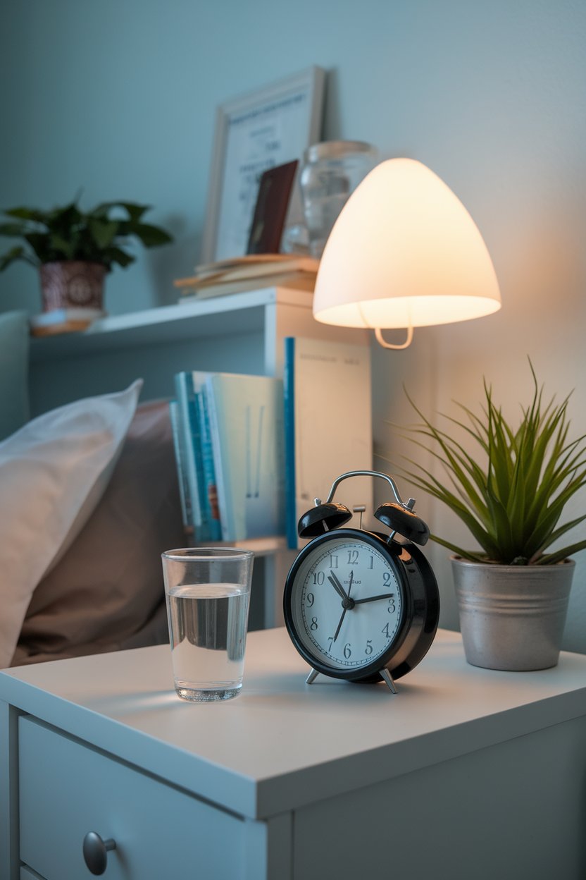 An indoor bedroom scene showing a bedside table with an alarm clock reading 10:00 PM and a glass of water, soft lamp light. No text or logos on clock face.