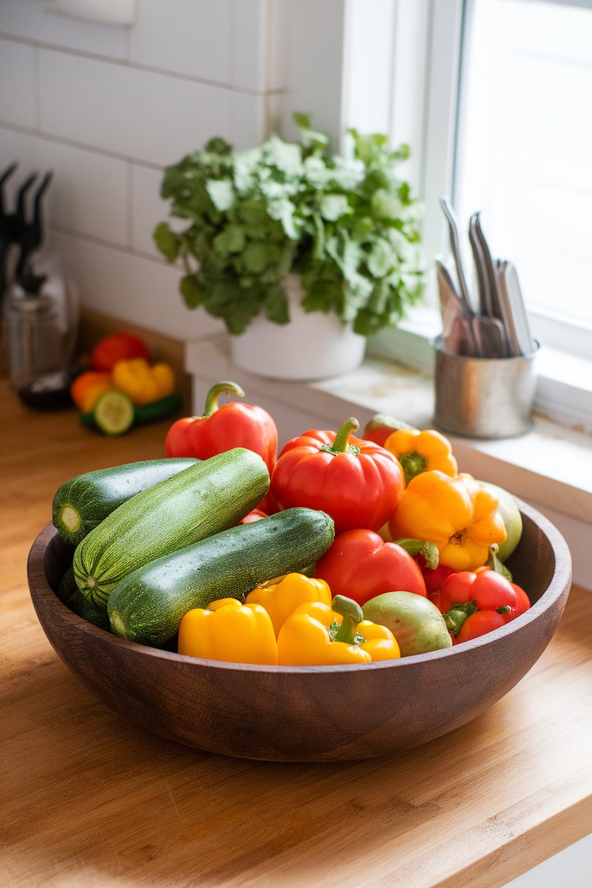 Photo of an indoor countertop with a wooden bowl overflowing with freshly washed seasonal vegetables—zucchini, tomatoes, and bell peppers—ready for chopping. No text or logos visible.