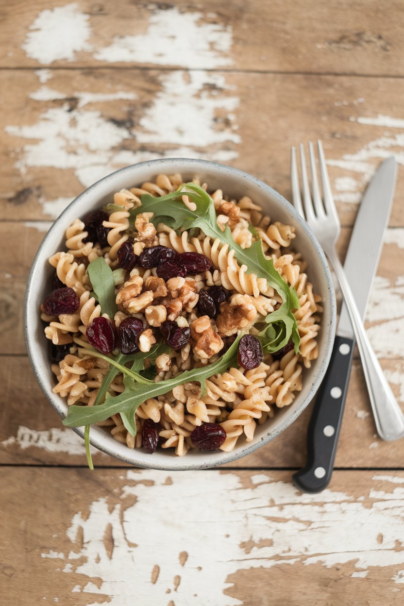 An indoor tabletop featuring farro pasta, dried cranberries, chopped walnuts, and baby arugula; no text or logos.