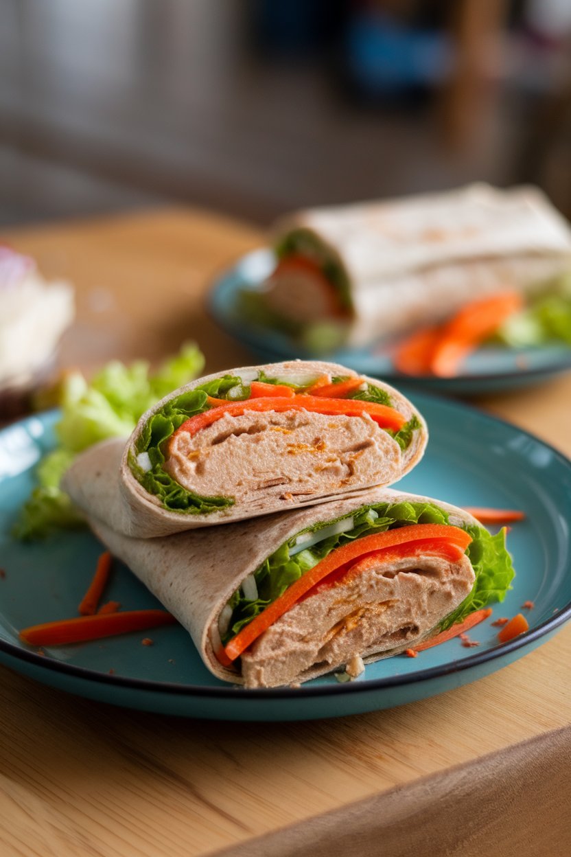 An indoor lunch plate showing a sliced whole-wheat wrap stuffed with hummus, lettuce, shredded carrots, and bell pepper strips; photo only, no text or logos.